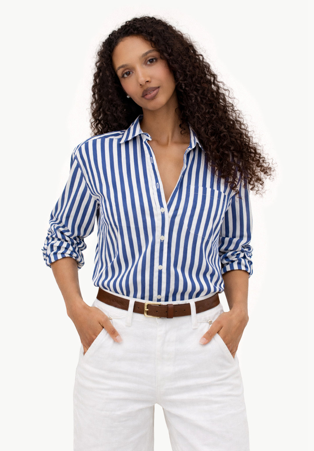 Poppy-Cotton Big Blue Stripes Oversized Cotton Shirt