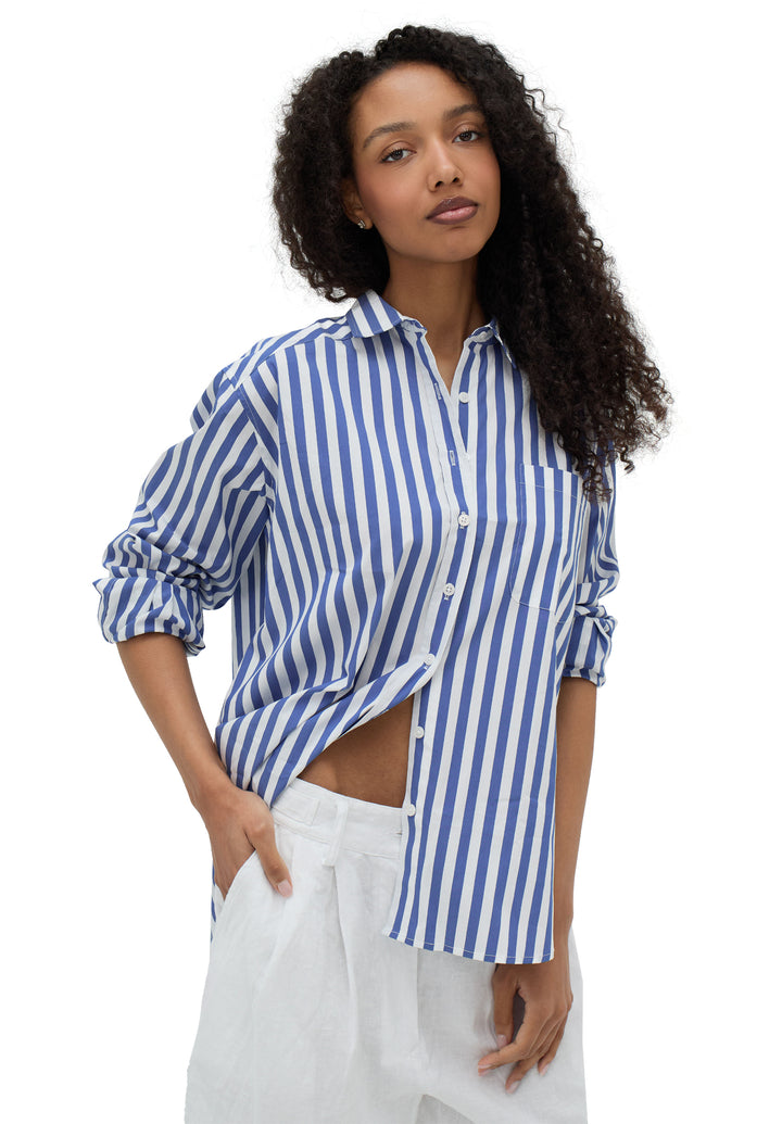 Poppy-Cotton Big Blue Stripes Oversized Cotton Shirt