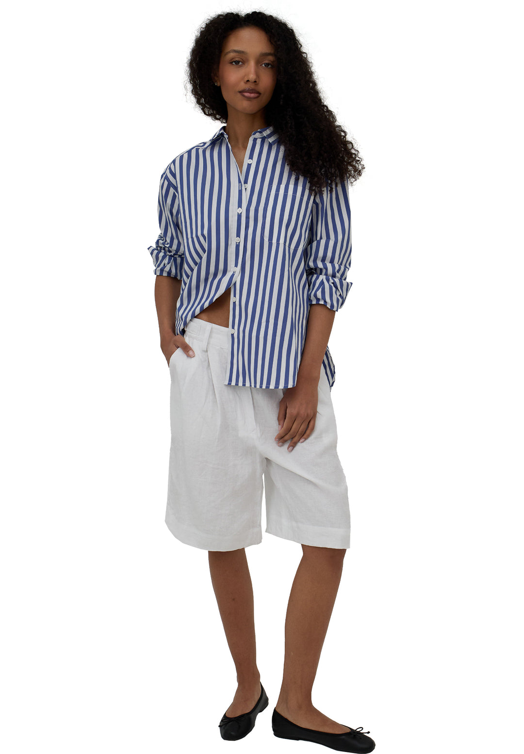 Poppy-Cotton Big Blue Stripes Oversized Cotton Shirt