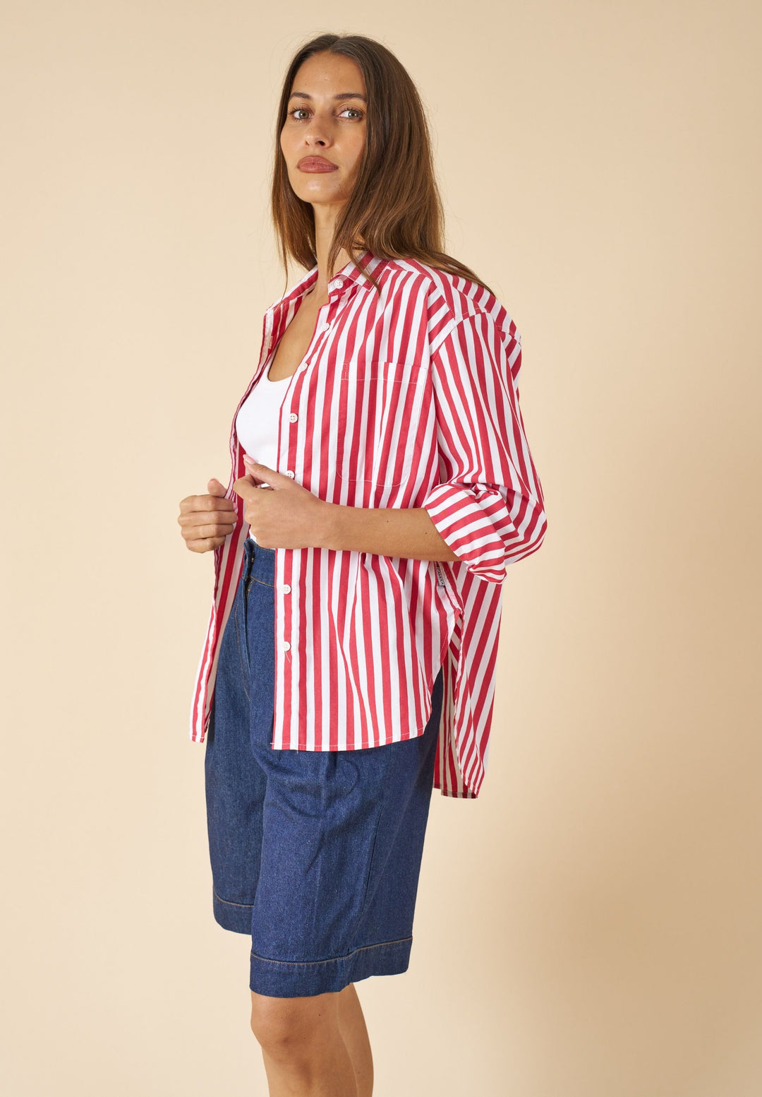 Poppy-Cotton Red Stripes Oversized Cotton Shirt