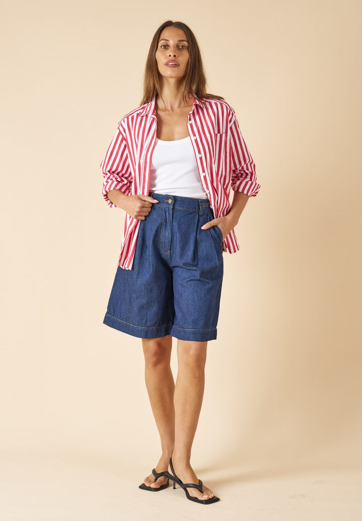 Poppy-Cotton Red Stripes Oversized Cotton Shirt