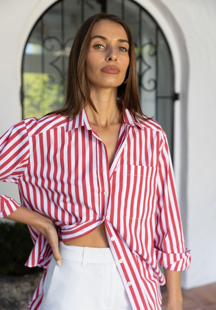 Poppy-Cotton Red Stripes Oversized Cotton Shirt