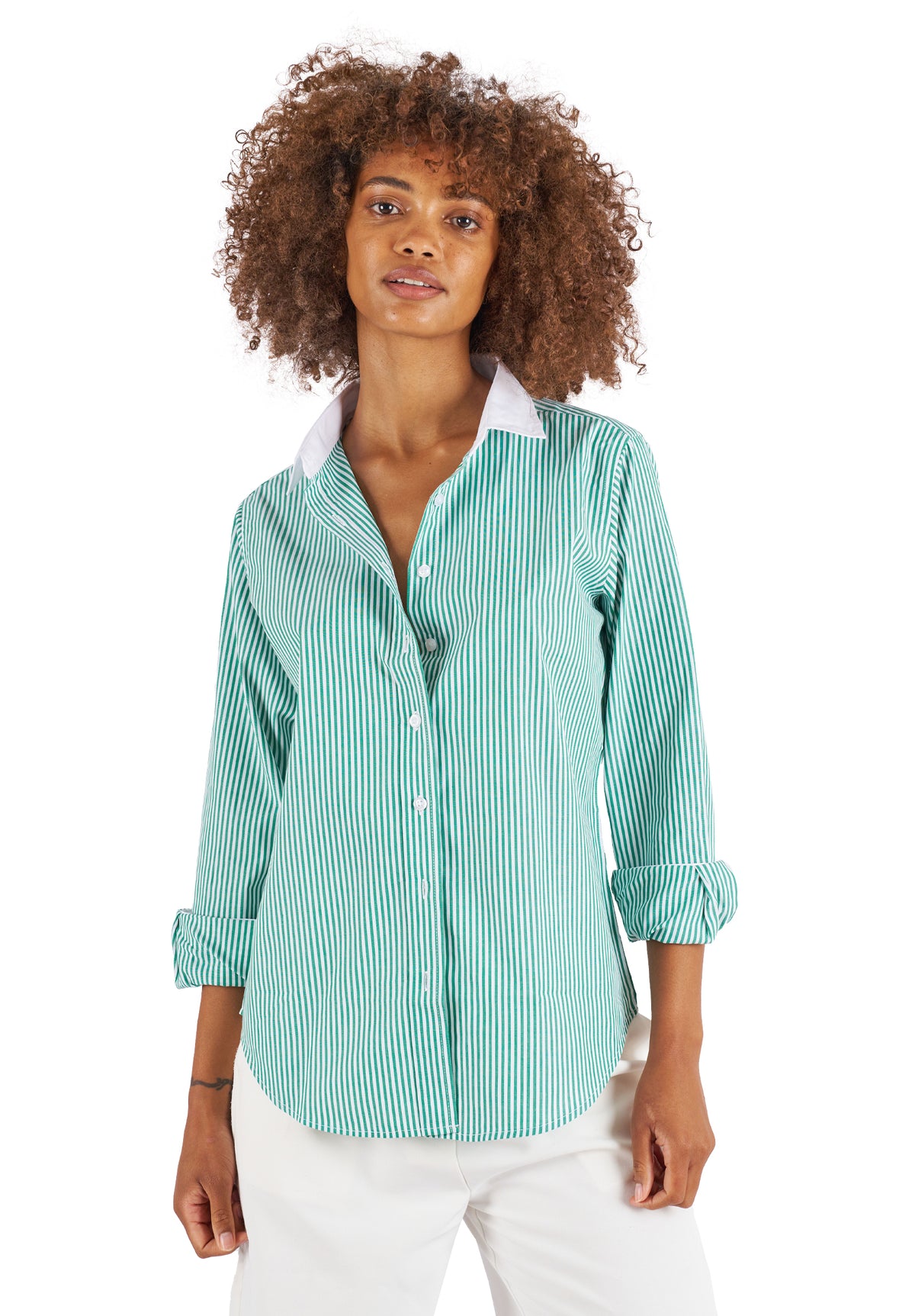 Riga Green and White Stripes Classic Fit Poplin Cotton Shirt