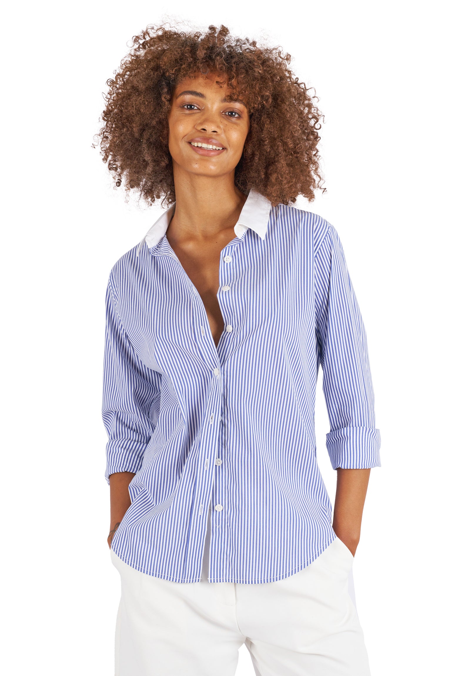 Blue and white cheap striped dress shirt womens