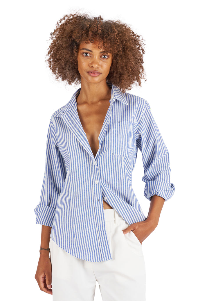 Rina Navy Blue, Pin Striped Slim-Fit Linen Shirt