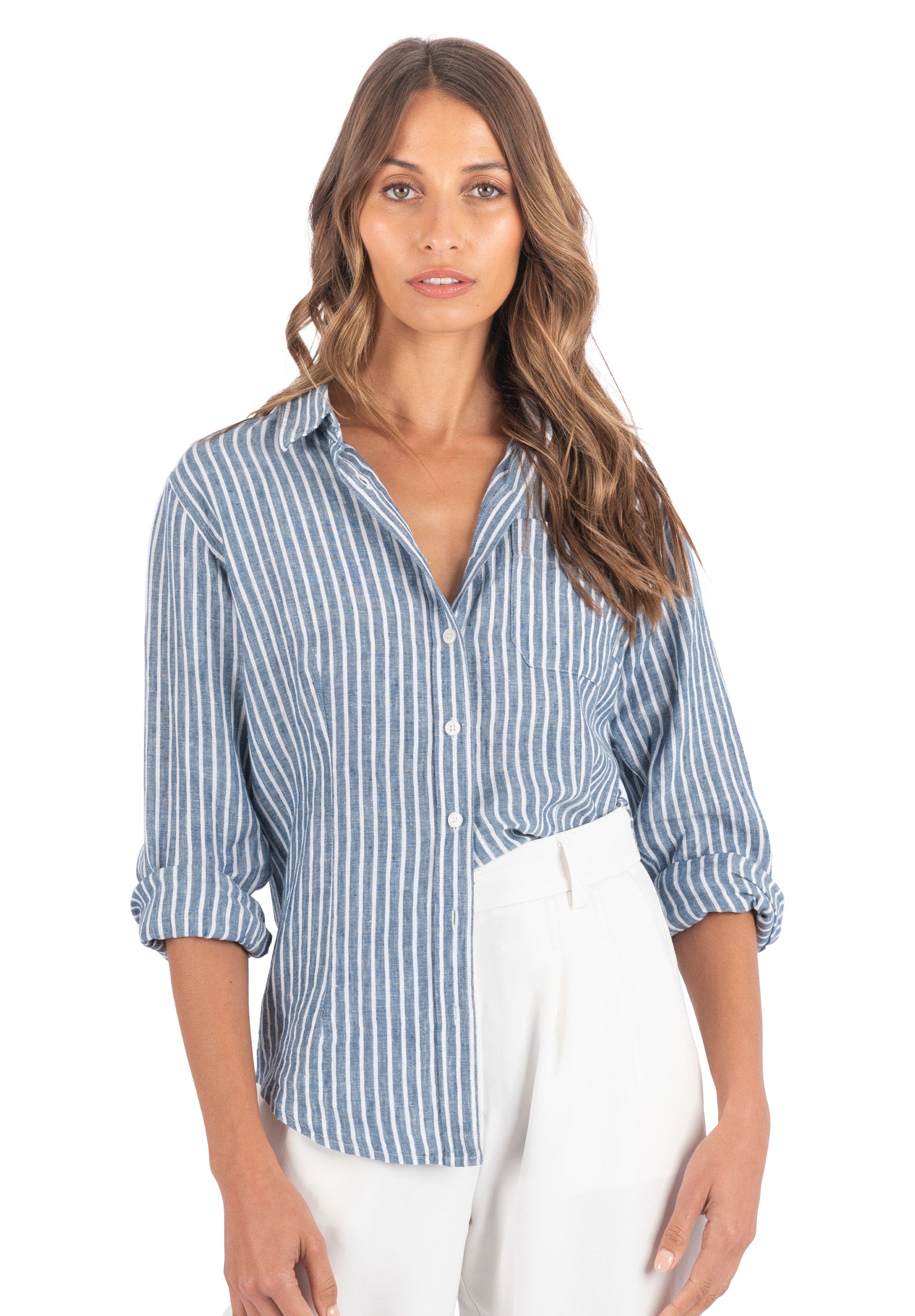 Rina Indigo Blue Stripes Slim-Fit Linen Shirt – CAMIXA