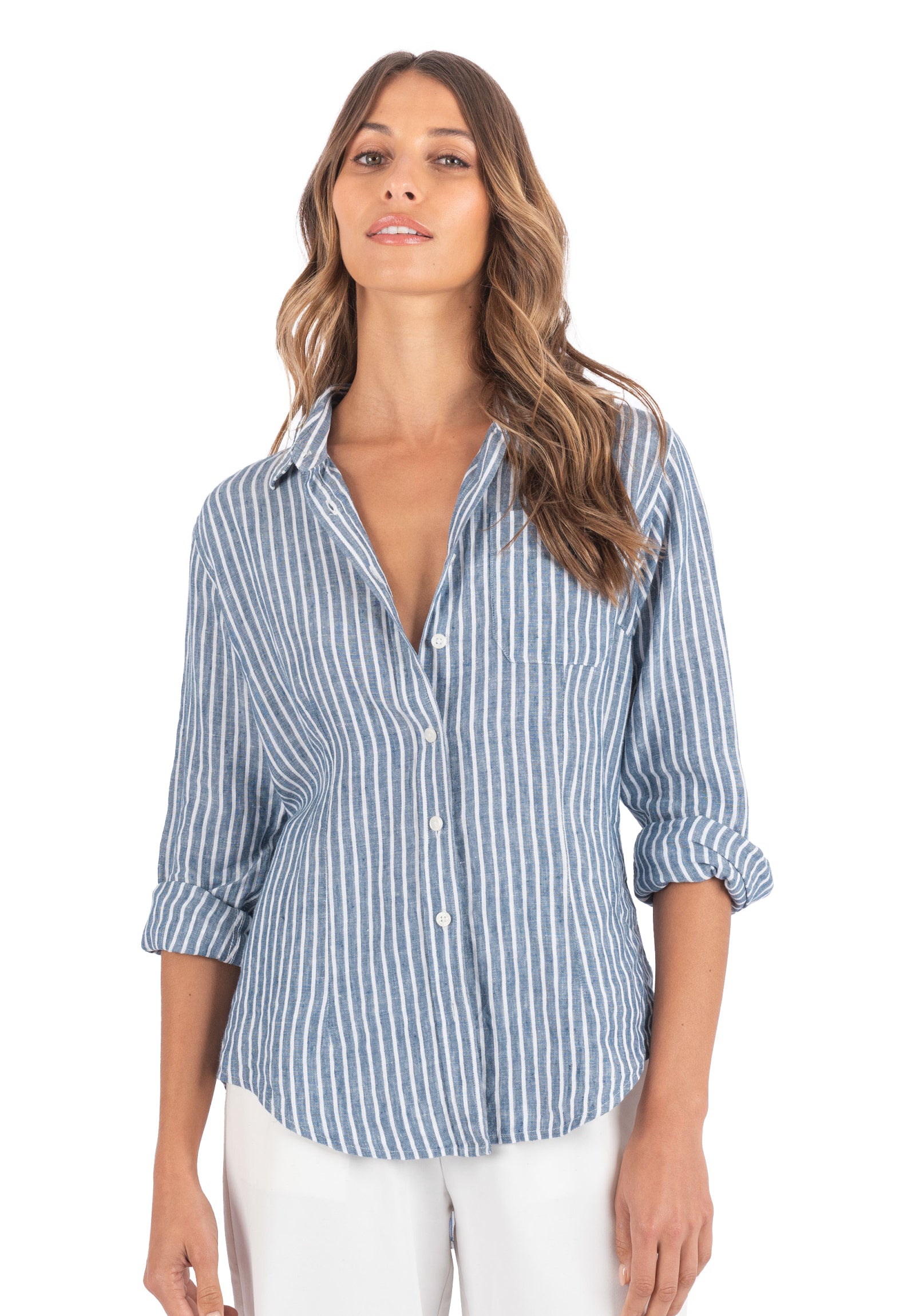 Rina Indigo Blue Stripes Slim-Fit Linen Shirt
