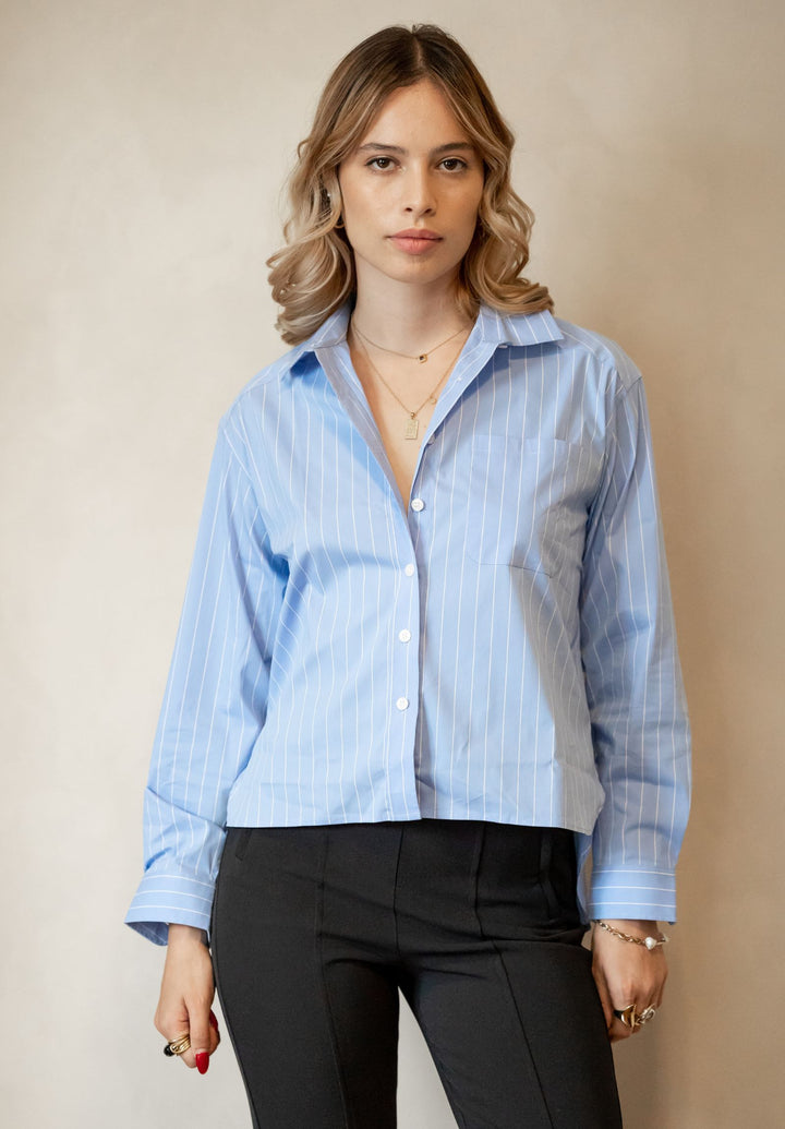 Rita Sky Blue Stripes Boxy Fit Cotton Shirt