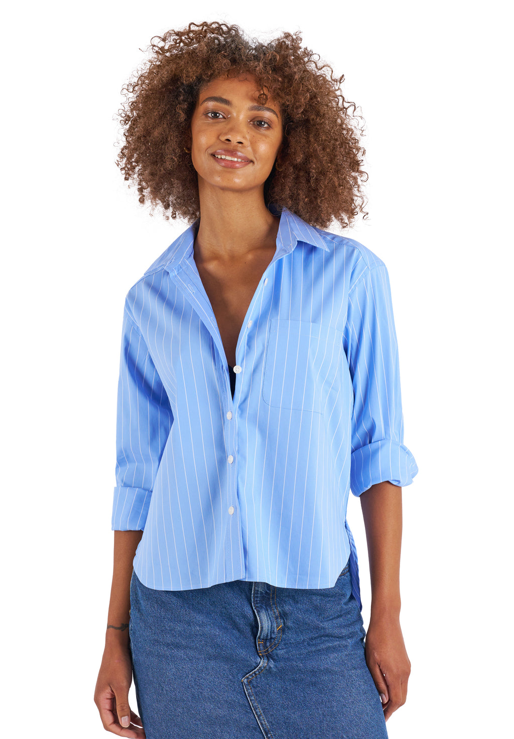 Rita Sky Blue Stripes Boxy Fit Cotton Shirt