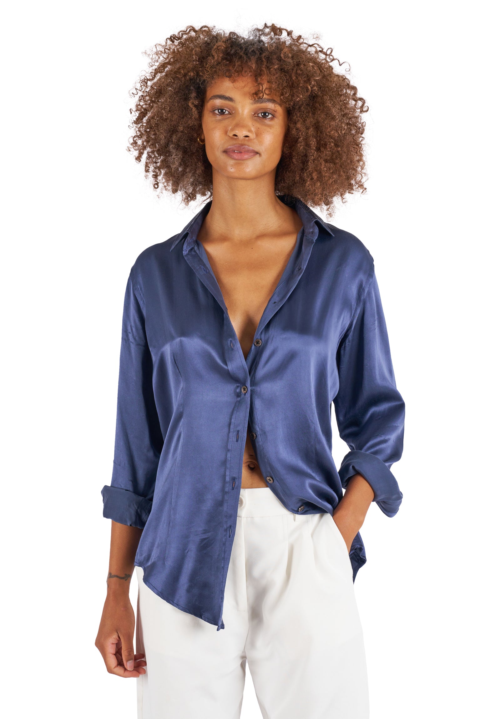 Blue satin hot sale blouse