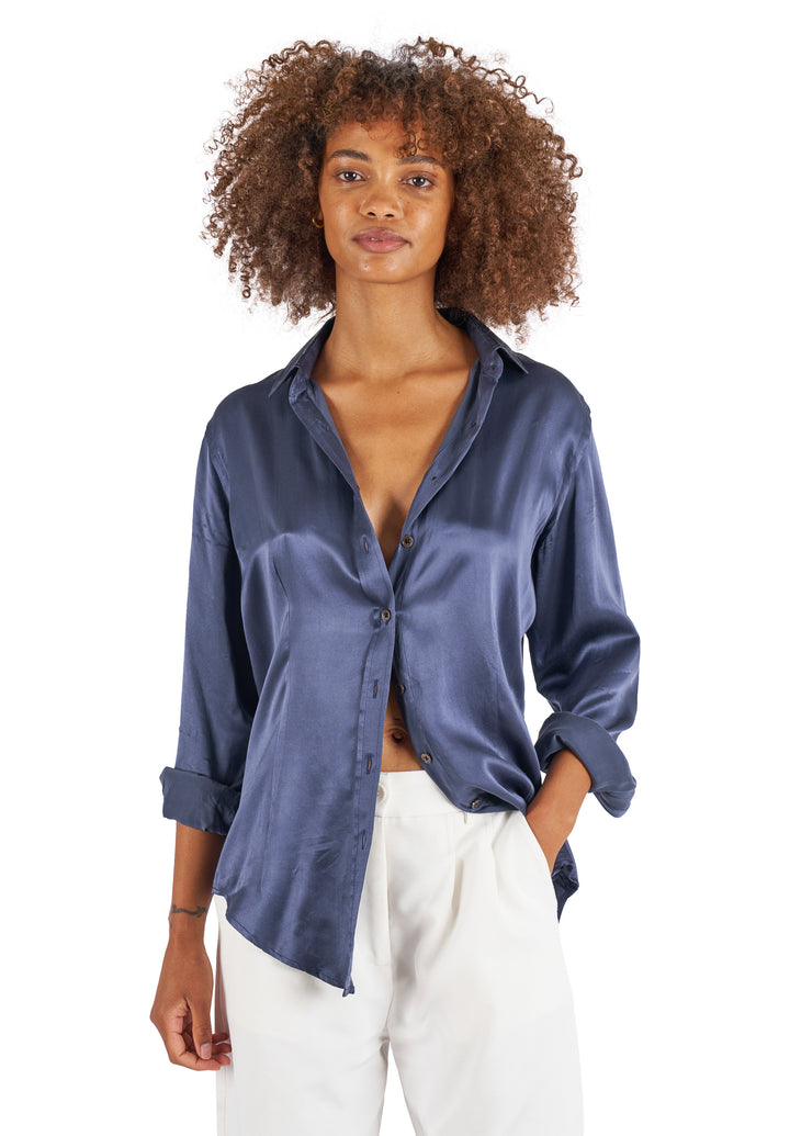 Satin-Silk Avio Blue Classic Charmeuse Silk Shirt