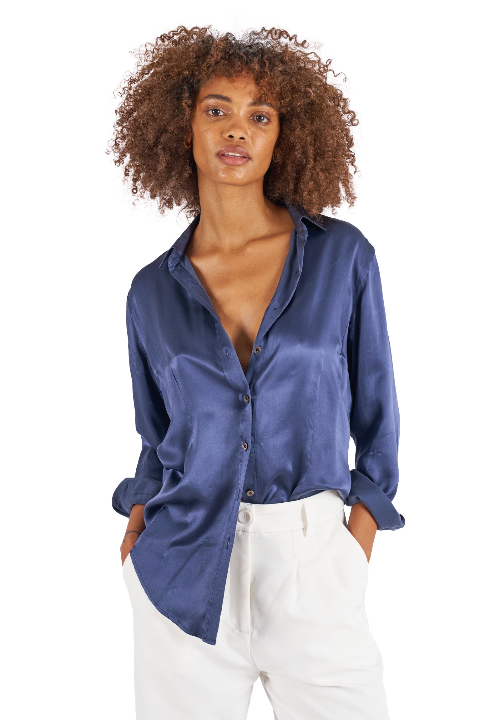 Satin-Silk Avio Blue Relaxed Charmeuse Silk Shirt – CAMIXA