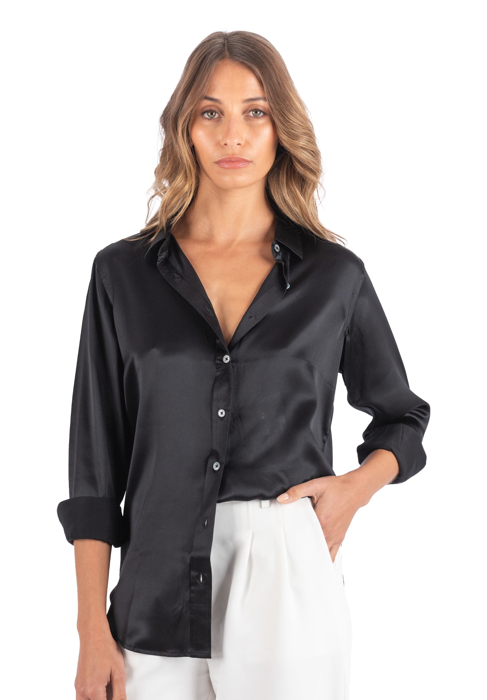 Satin-Silk Black Relaxed Charmeuse Silk Shirt – CAMIXA
