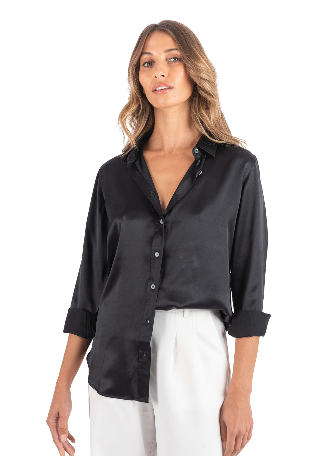 Satin-Silk Black Classic Charmeuse Silk Shirt
