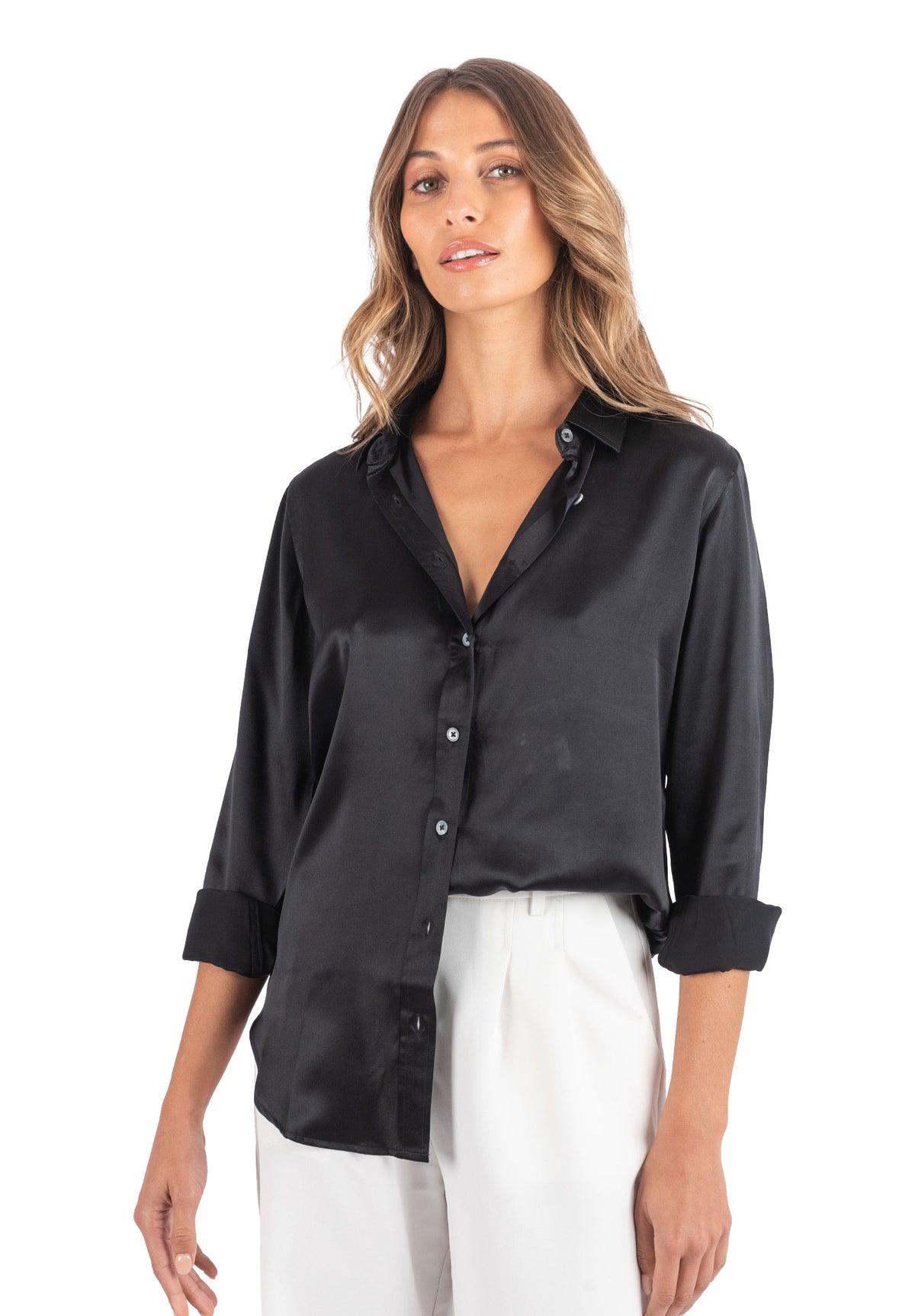 Satin-Silk Black Classic Charmeuse Silk Shirt