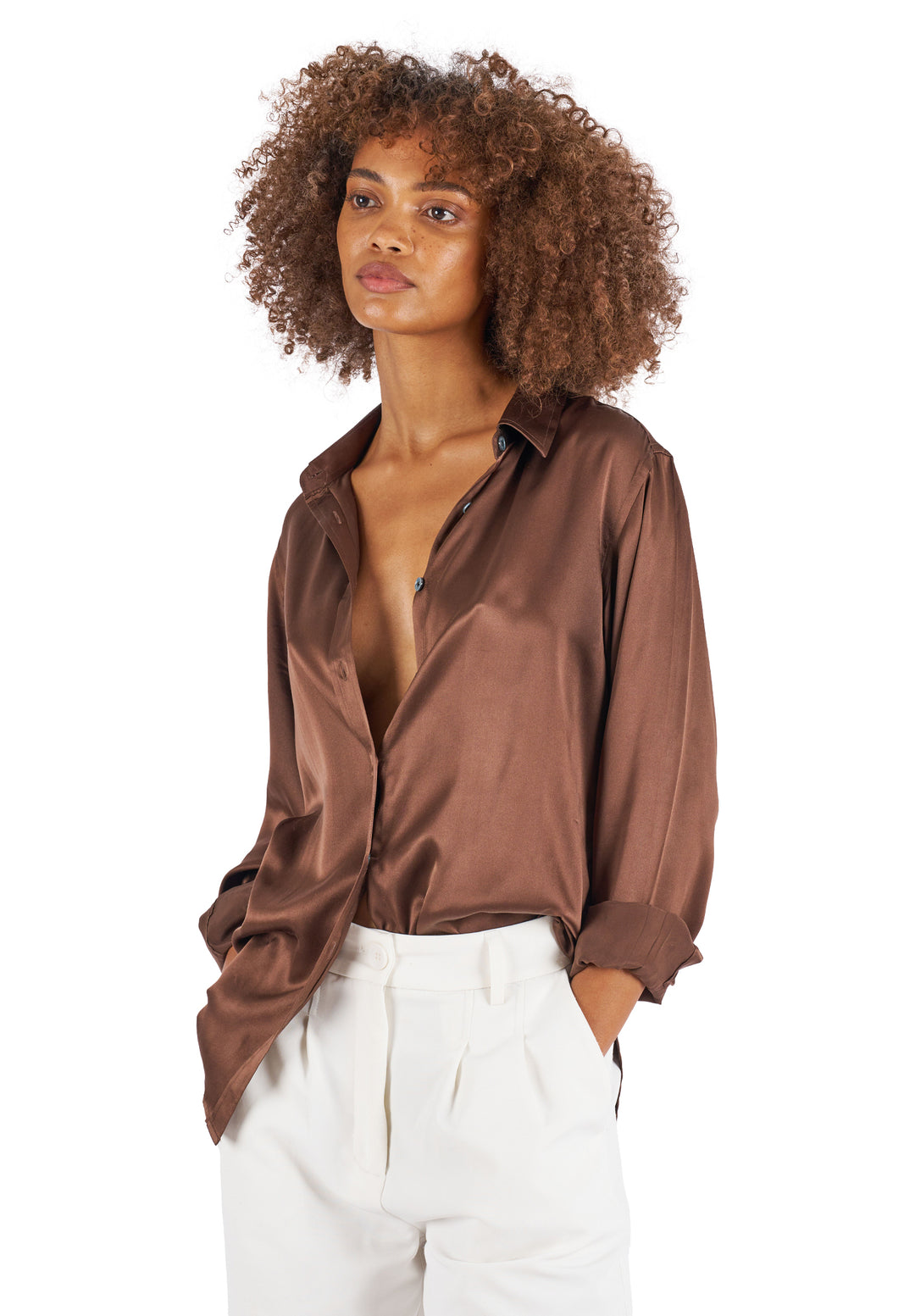 Satin Coffee Relaxed Fit Charmeuse Silk Shirt –