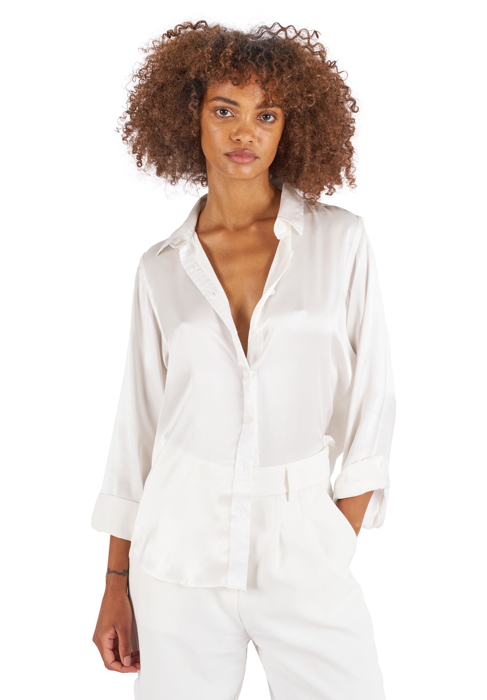 Satin white button store down shirt