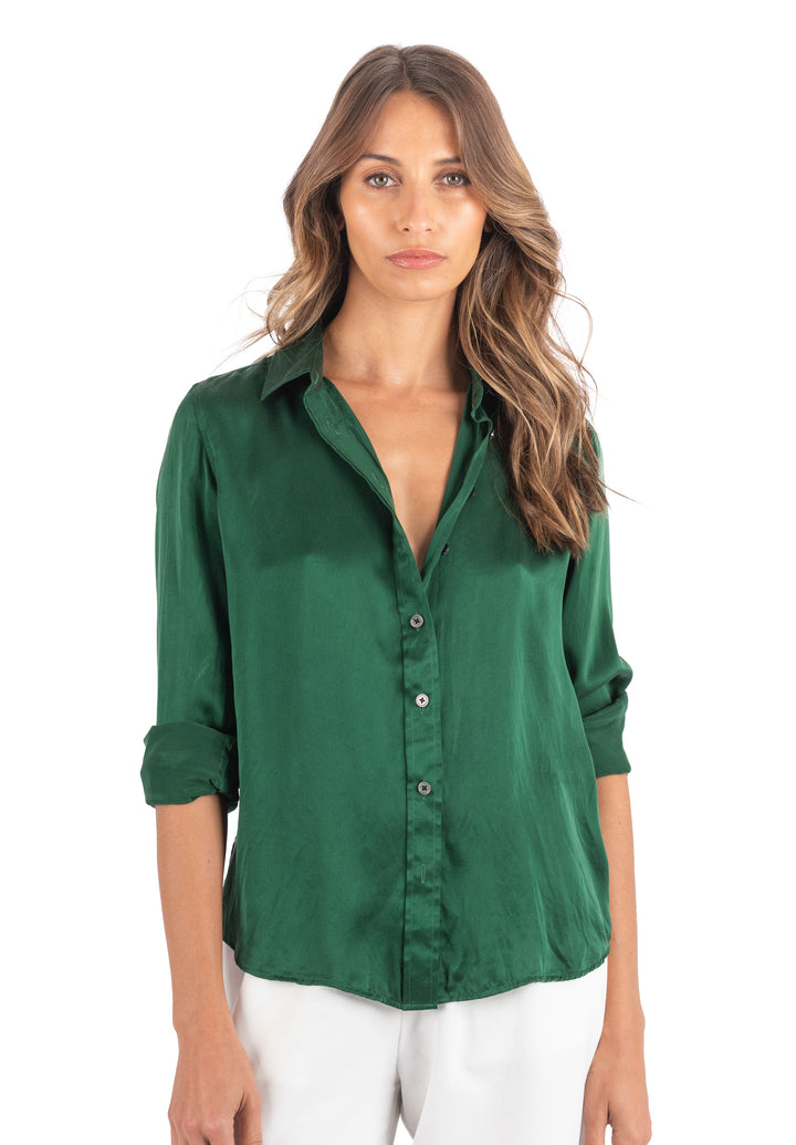 Satin Emerald Green, Pure Charmeuse Silk Shirt