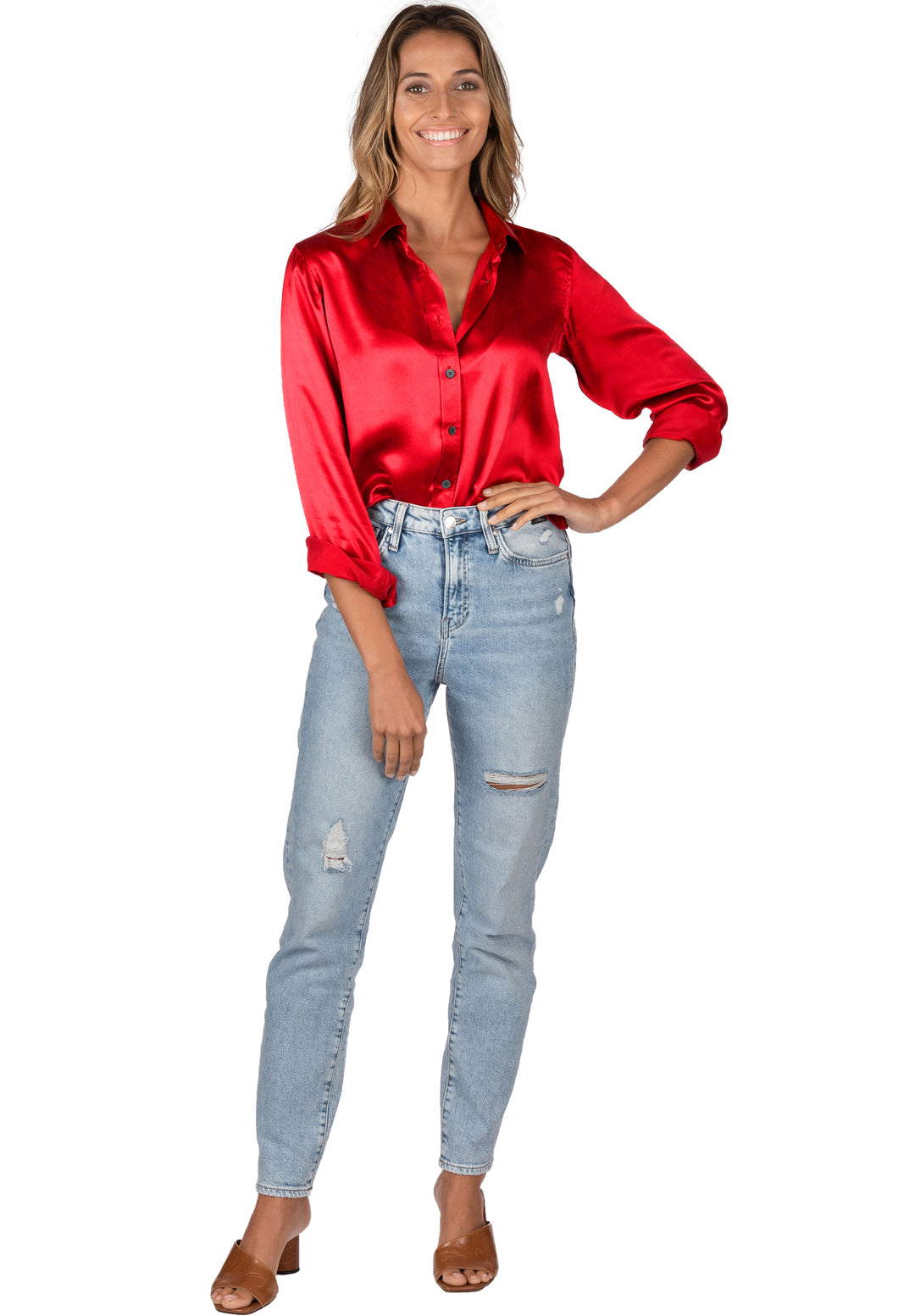 Satin-Silk Cherry Red, Pure Charmeuse Silk Shirt – CAMIXA