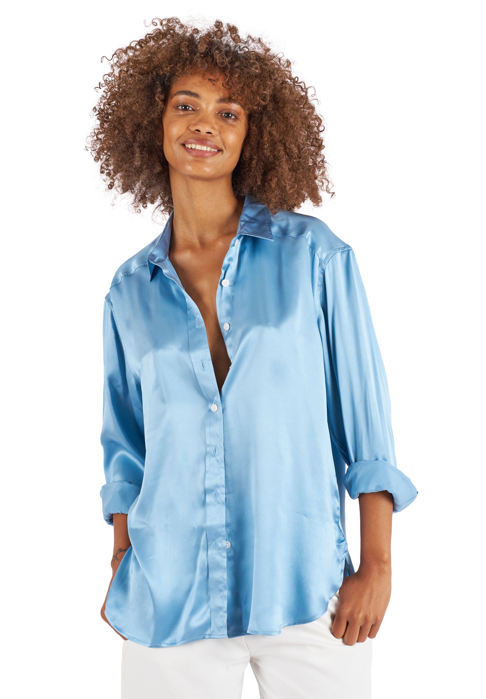 Dusty Blue Oversized store Satin Silk Button Down Shirt Top