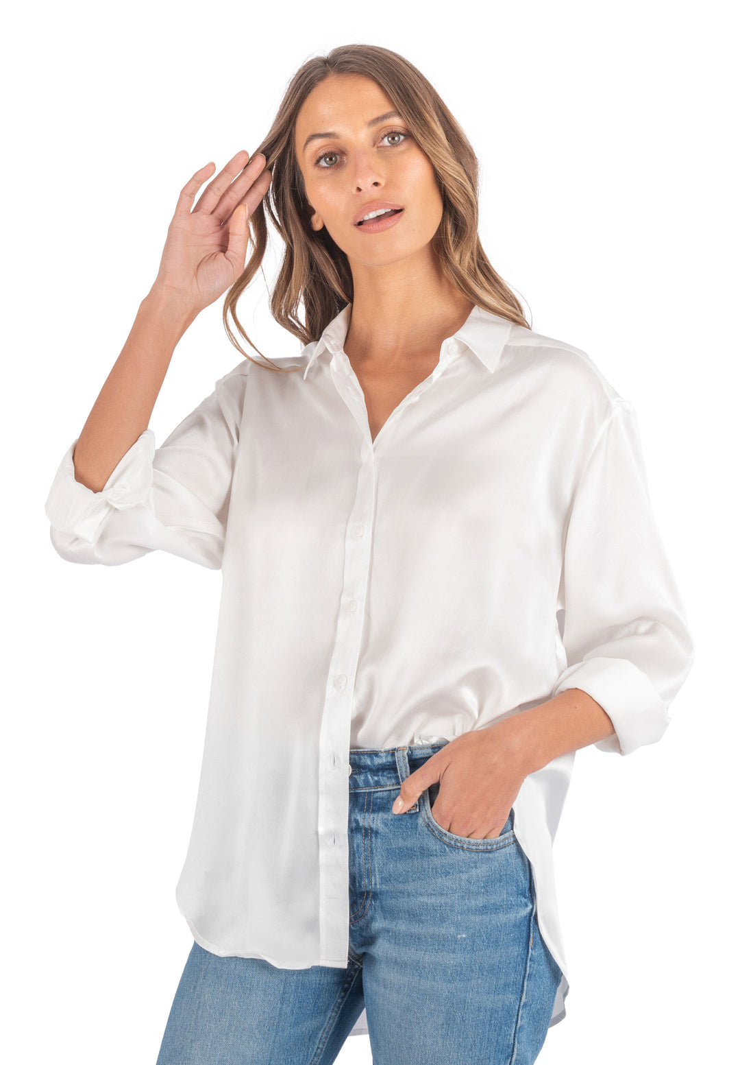 Soie White Oversized 100% Silk Shirt - Main Image
