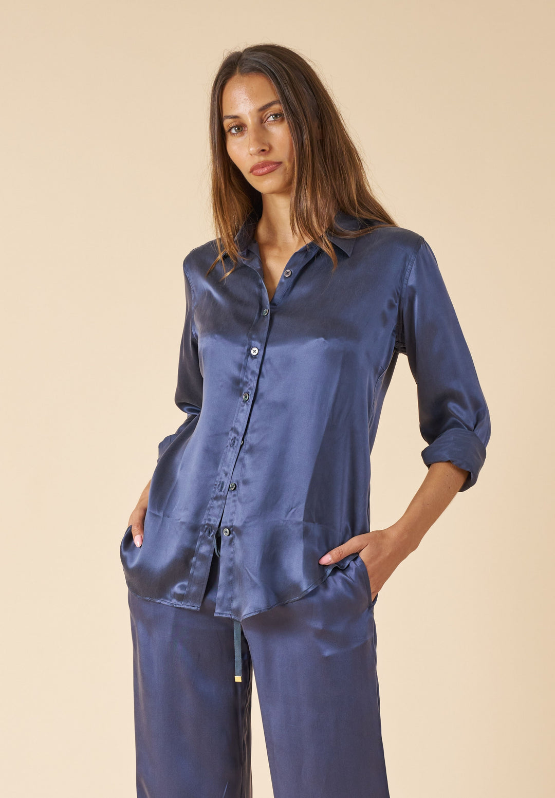 Satin-Silk Avio Blue Classic Charmeuse Silk Shirt