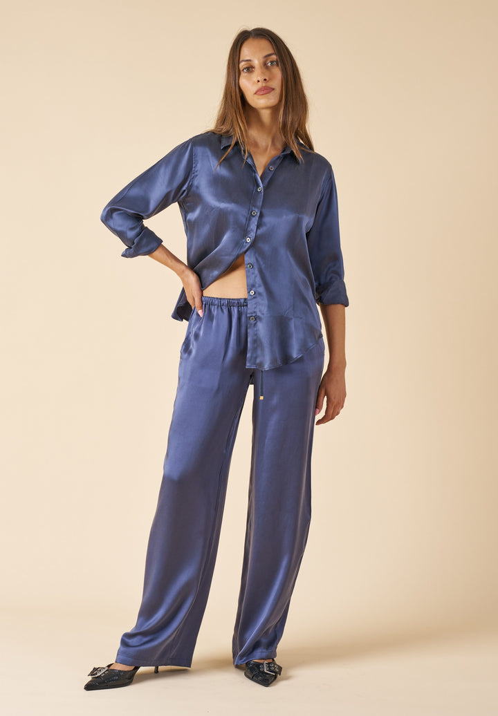 Satin-Silk Avio Blue Classic Charmeuse Silk Shirt