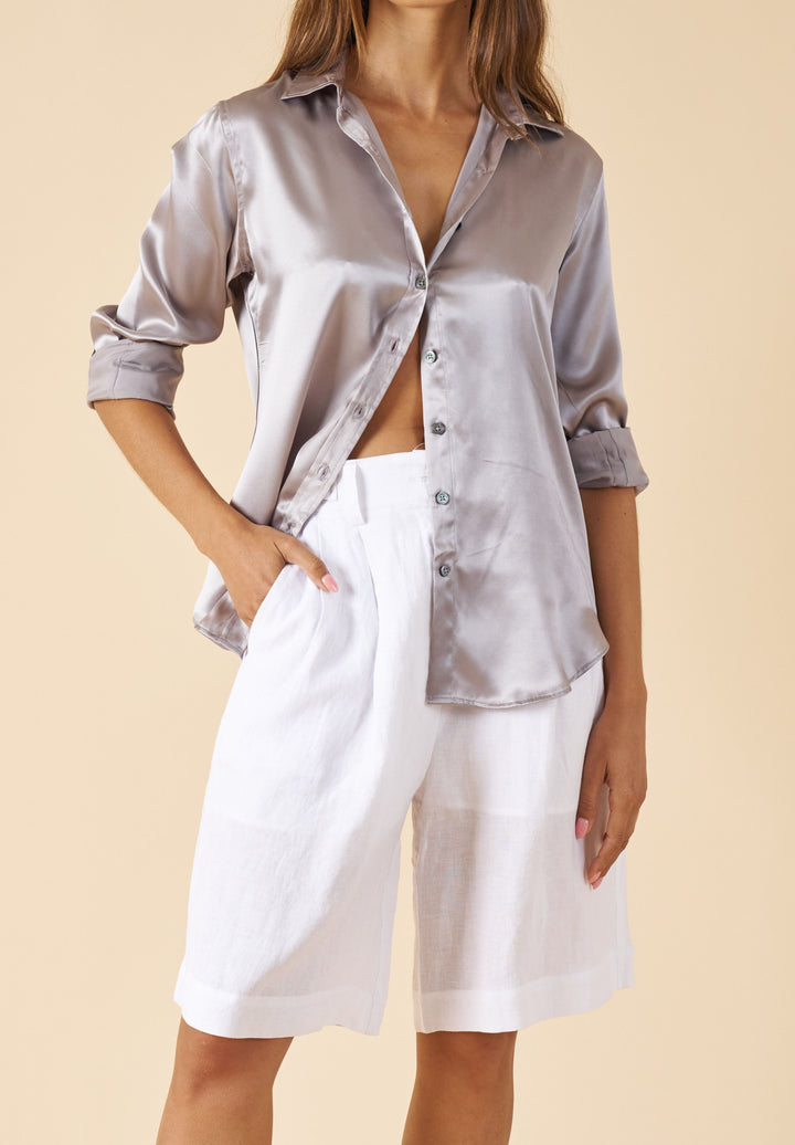 Satin-Silk Grey Classic Charmeuse Silk Shirt