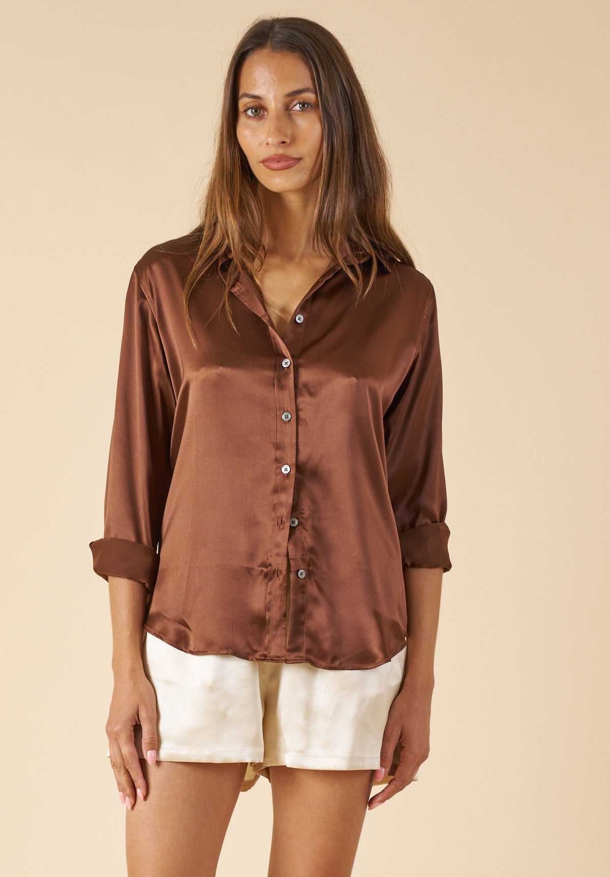 Satin-Silk Mocha Classic Charmeuse Silk Shirt