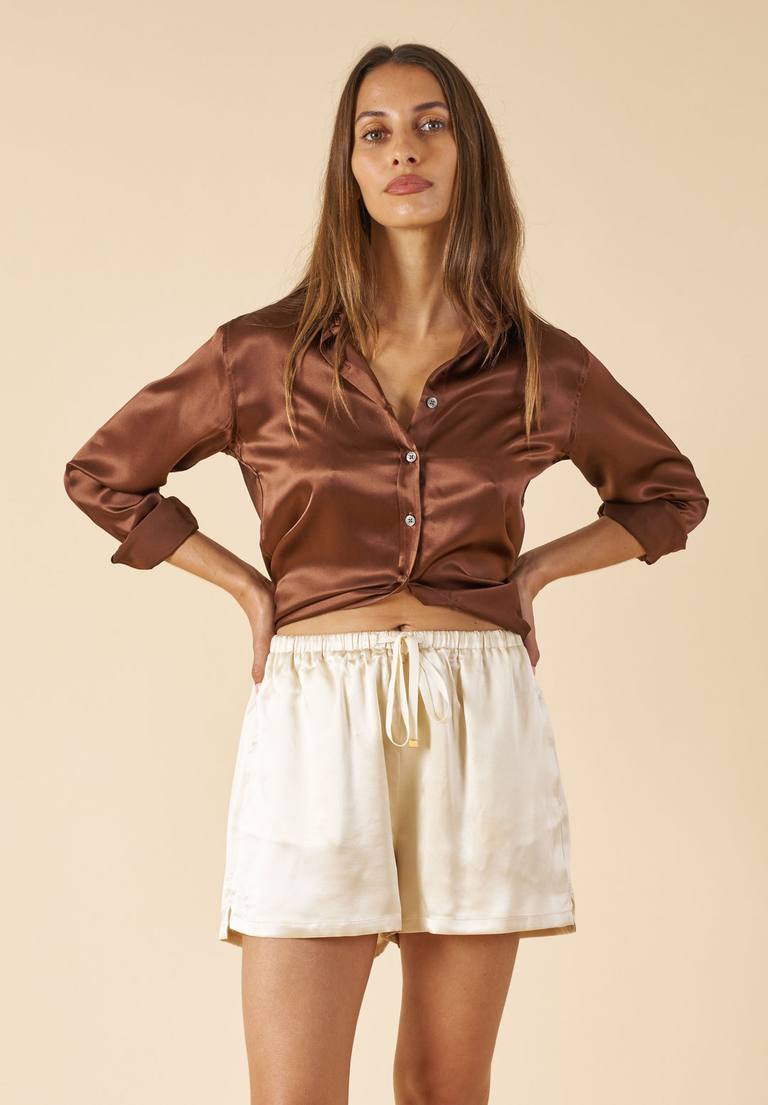 Satin-Silk Mocha Classic Charmeuse Silk Shirt