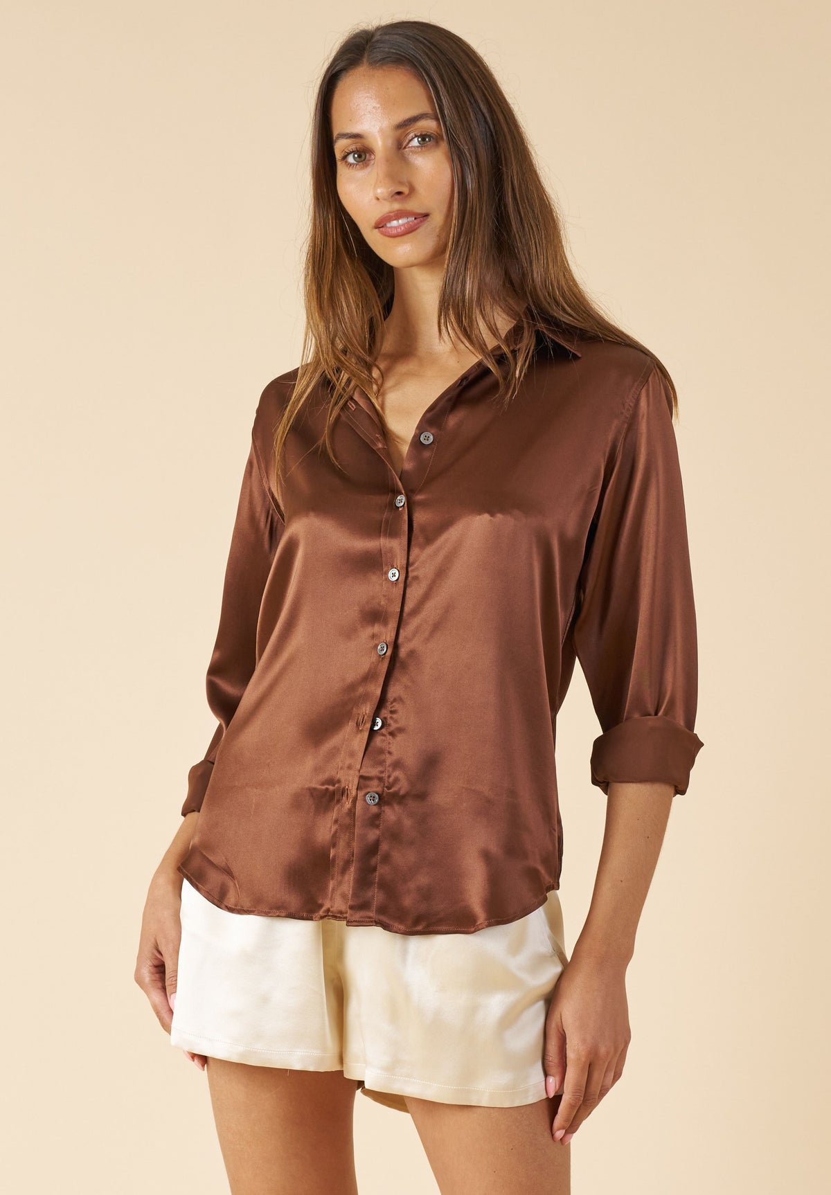 Satin-Silk Mocha Classic Charmeuse Silk Shirt
