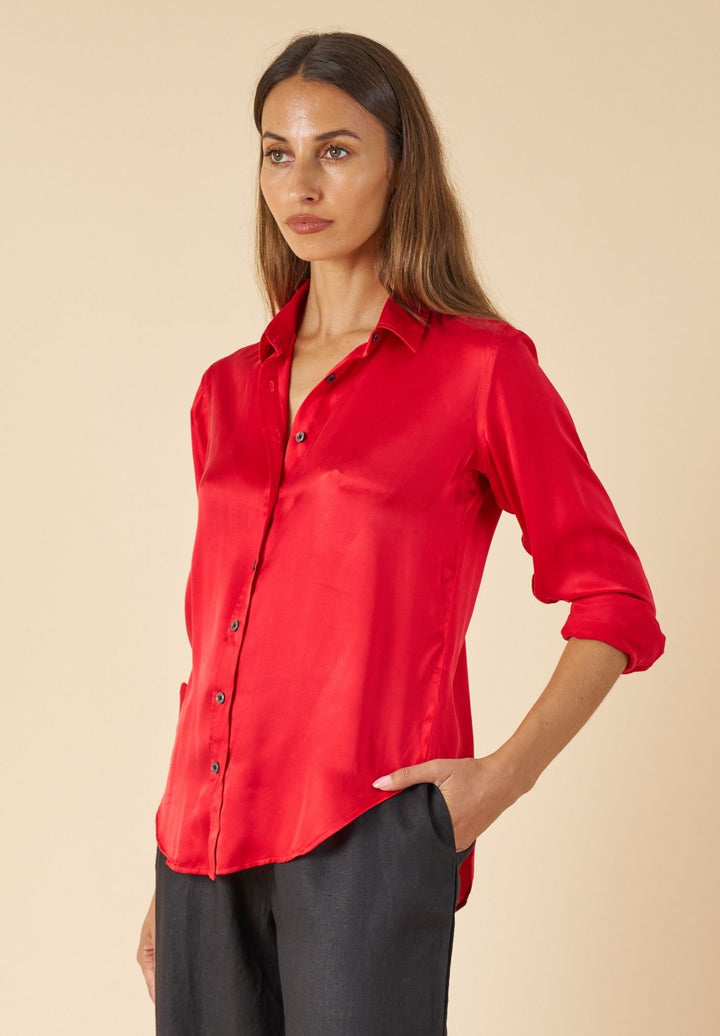 Satin-Silk Cherry Red, Pure Charmeuse Silk Shirt