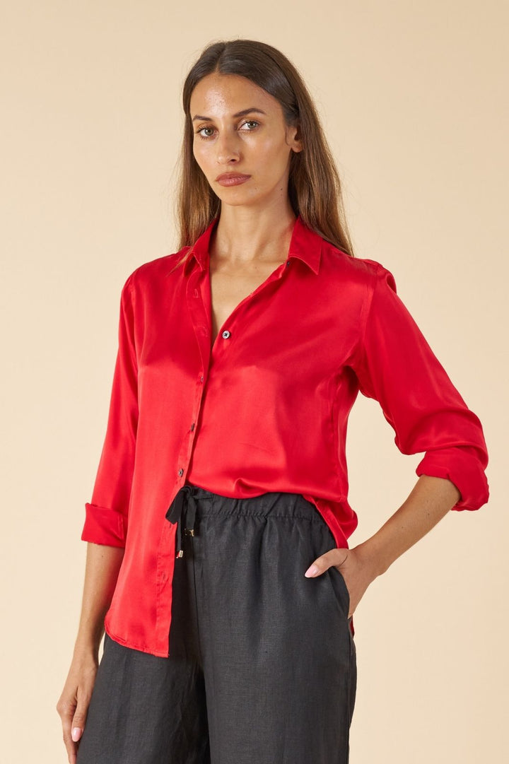 Satin-Silk Cherry Red, Pure Charmeuse Silk Shirt
