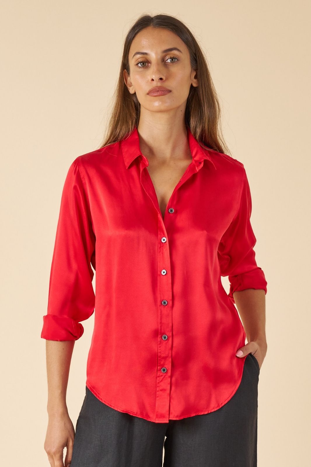 Satin-Silk Cherry Red, Pure Charmeuse Silk Shirt