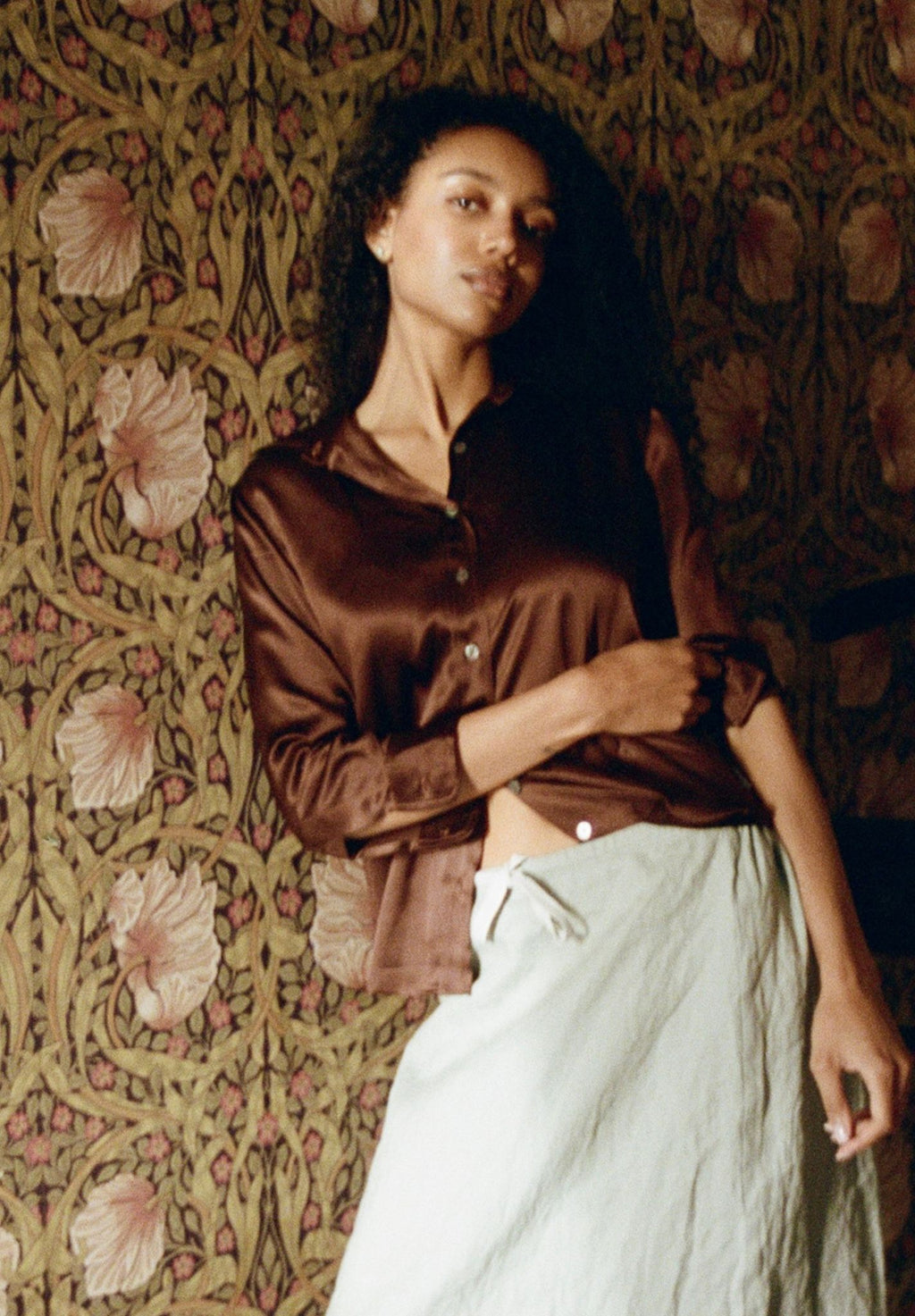 Satin-Silk Mocha Classic Charmeuse Silk Shirt