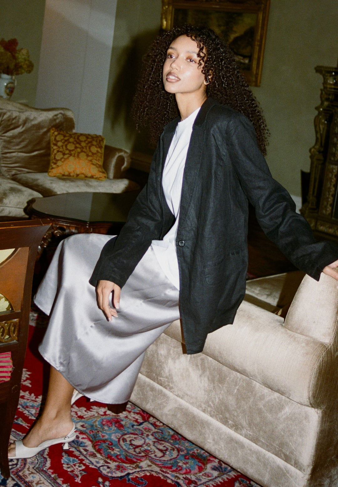 Maddie-Silk Charcoal Midi Skirt