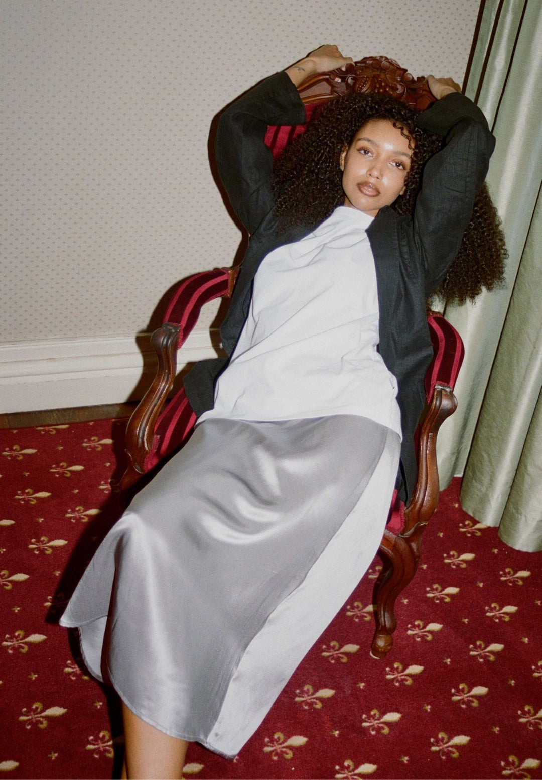 Maddie-Silk Charcoal Midi Skirt