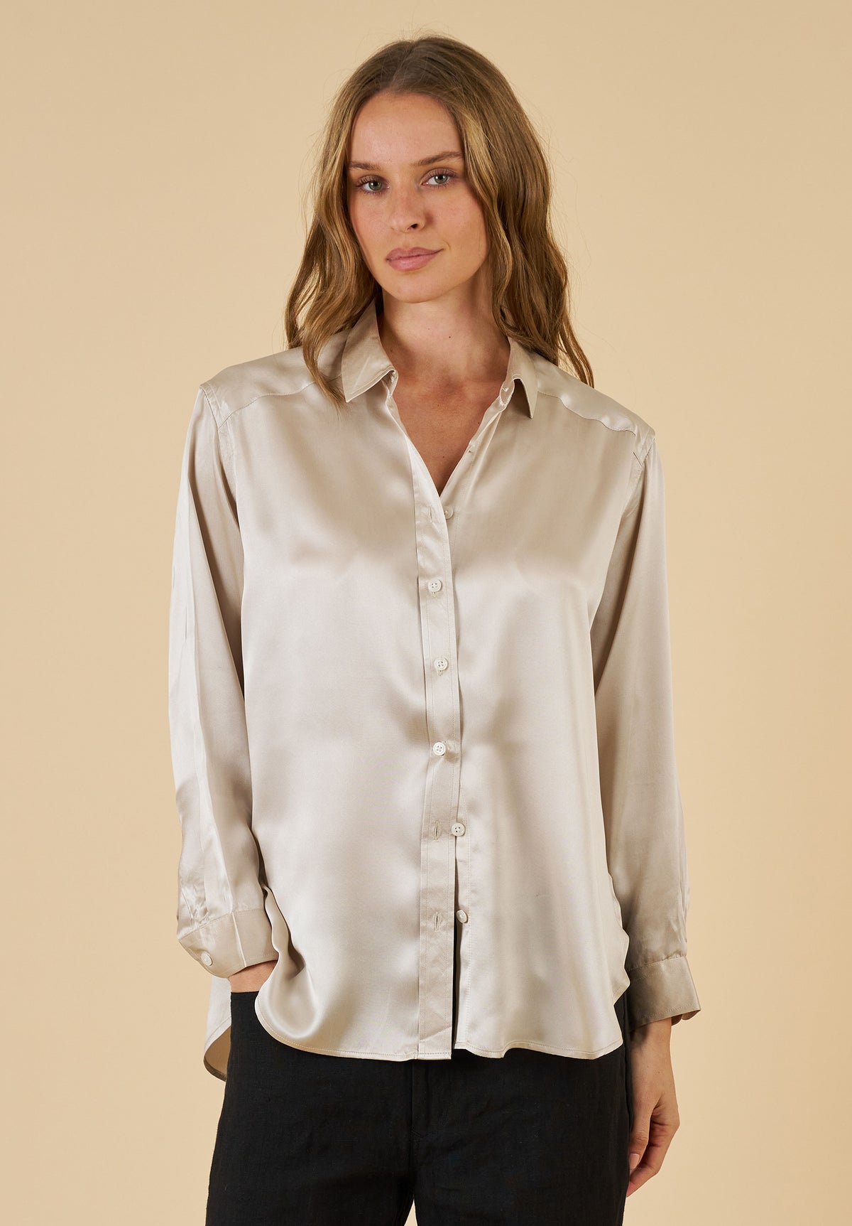Soie Mushroom Grey Oversized 100% Silk Shirt