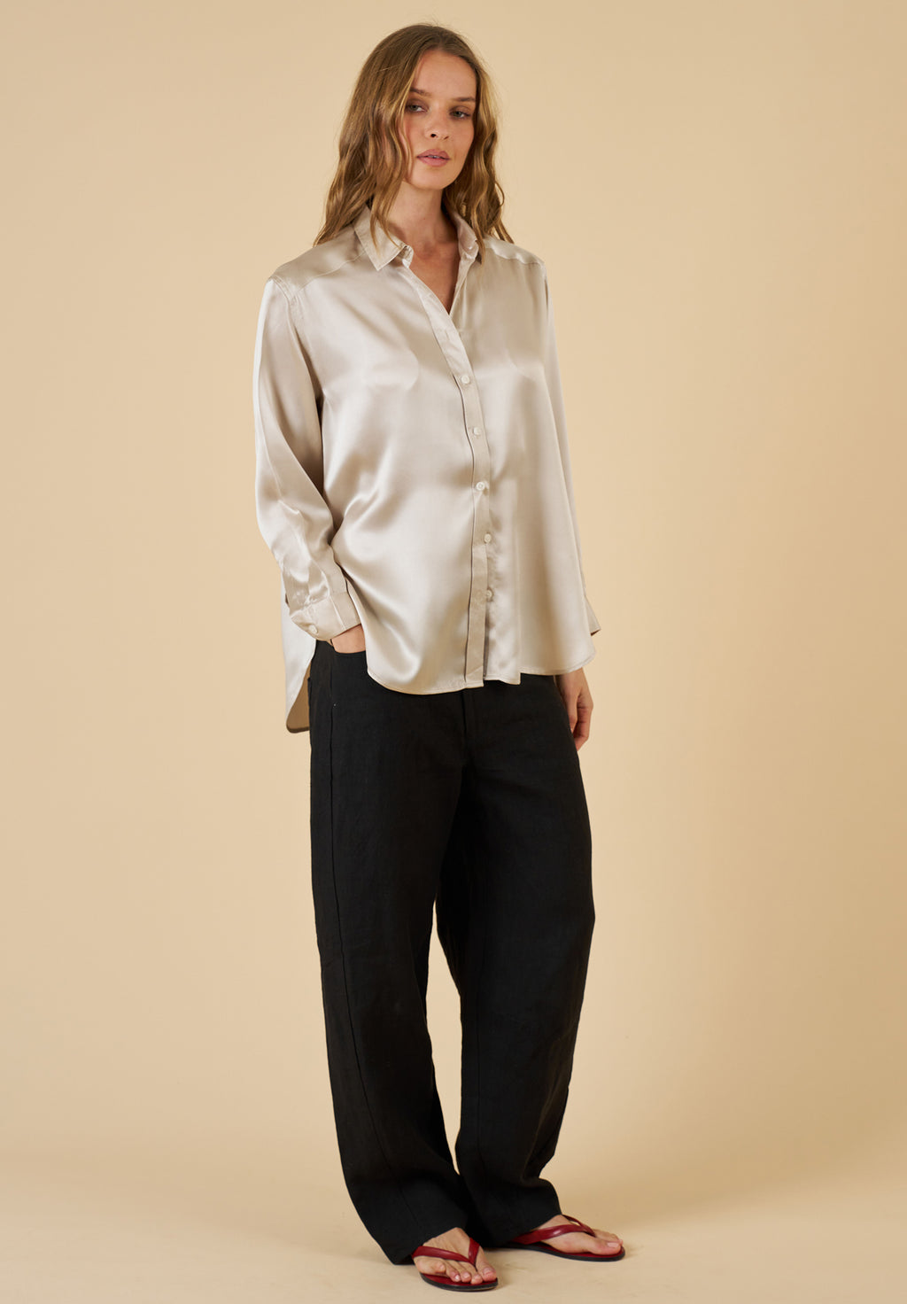 Soie Mushroom Grey Oversized 100% Silk Shirt