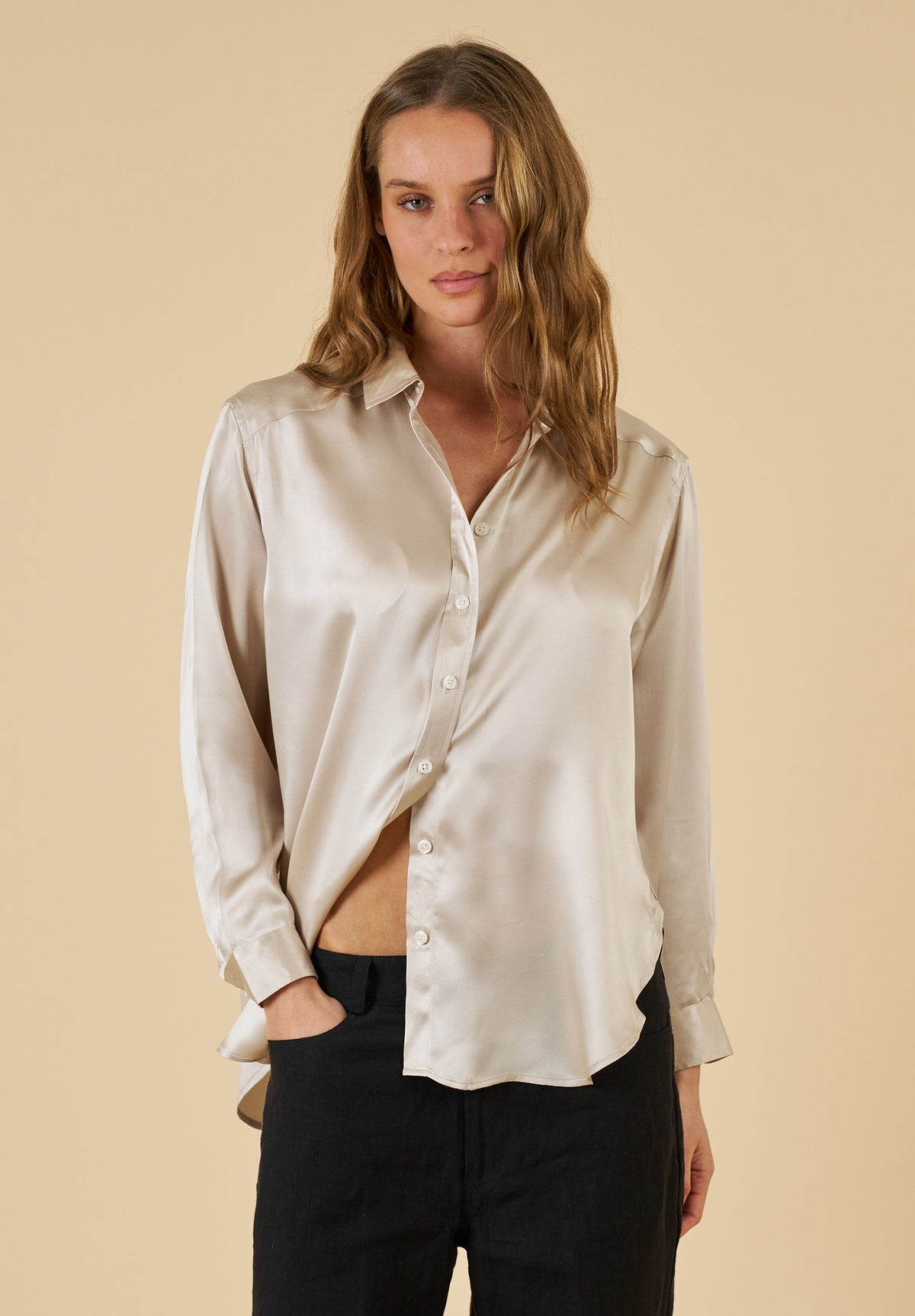 Soie Mushroom Grey Oversized 100% Silk Shirt