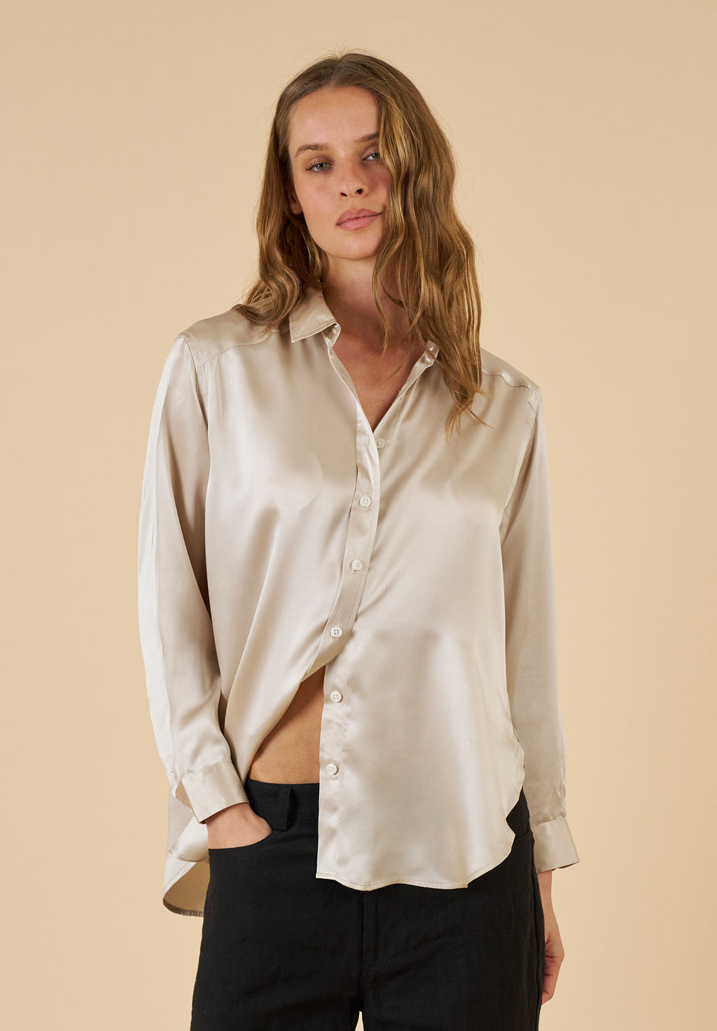 Soie Mushroom Grey Oversized 100% Silk Shirt