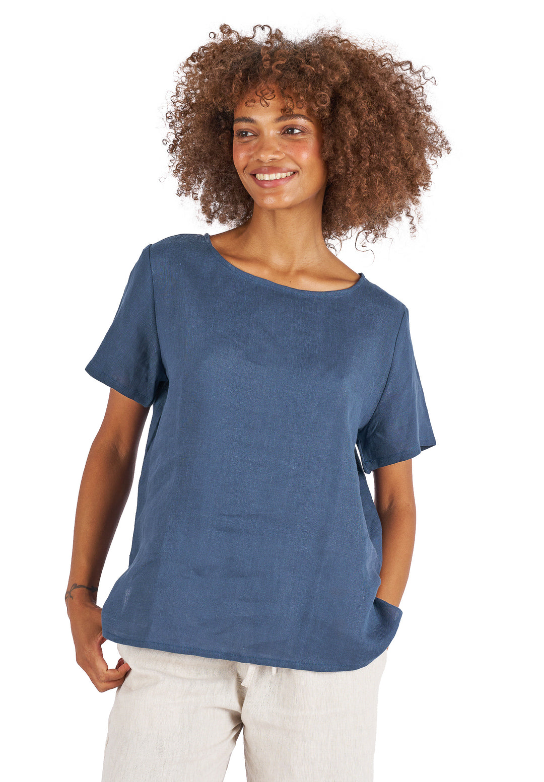 Teena-Linen Washed Blue T-Shirt
