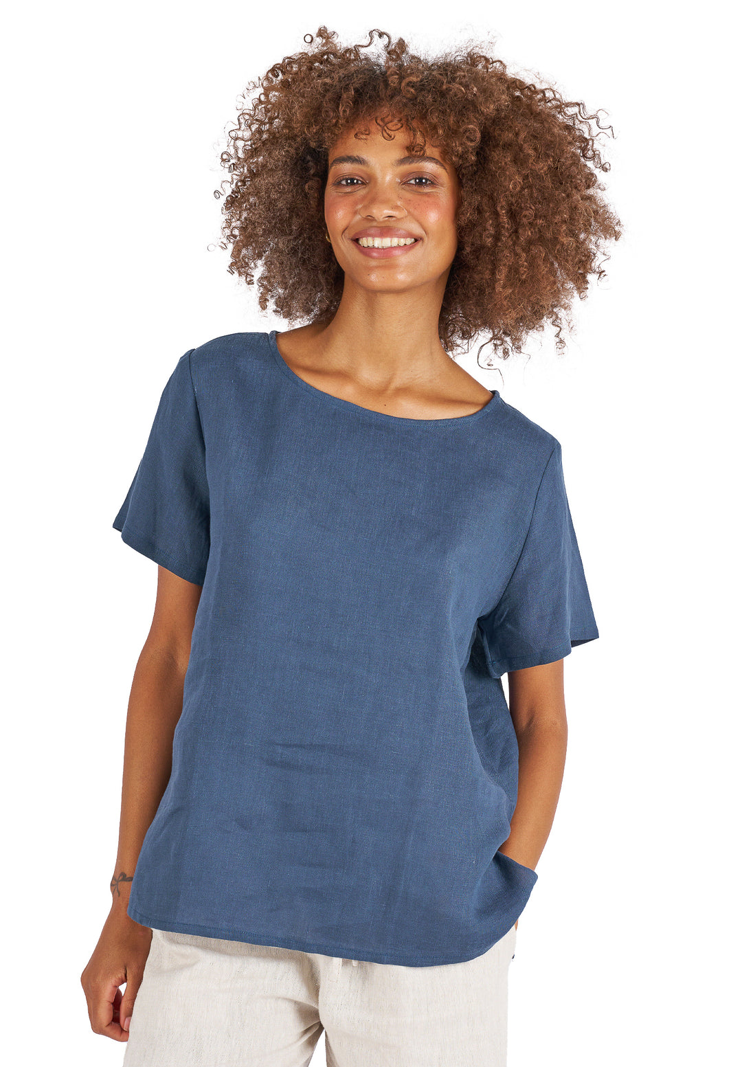 Teena-Linen Washed Blue T-Shirt