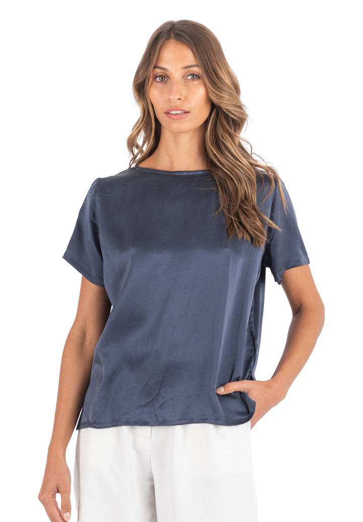 Teena-Satin Avio Blue, 100% Silk T-Shirt