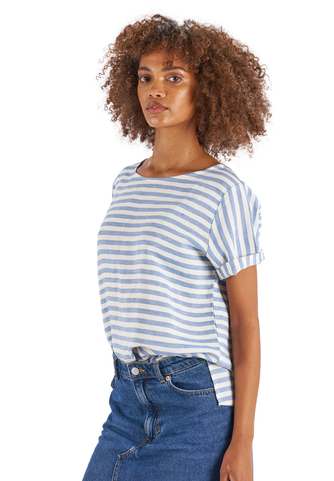 Teena Thick Blue Stripes, Linen T-Shirt Top
