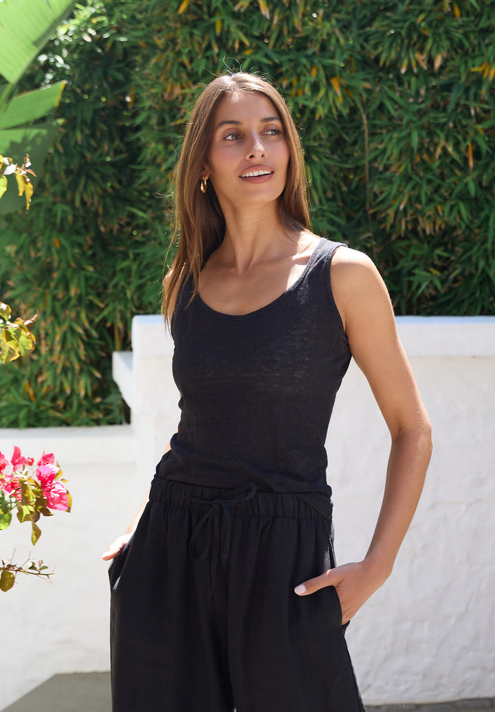 Tecla Black Linen Jersey Tank Top