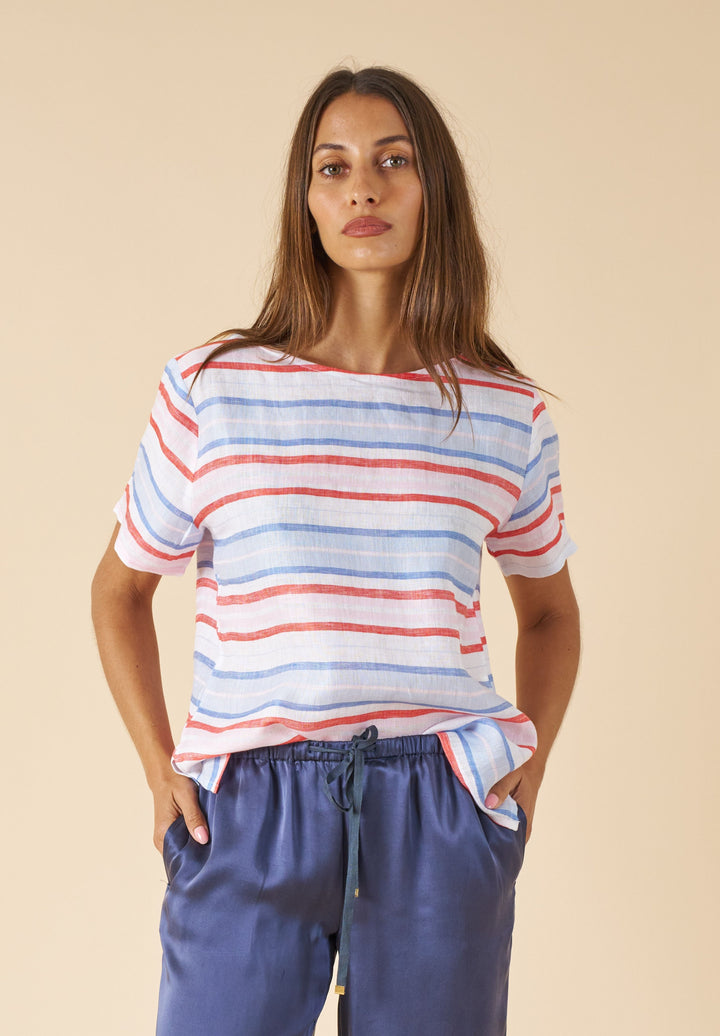 Teena-Linen Multi Stripes T-Shirt - Red Blue White