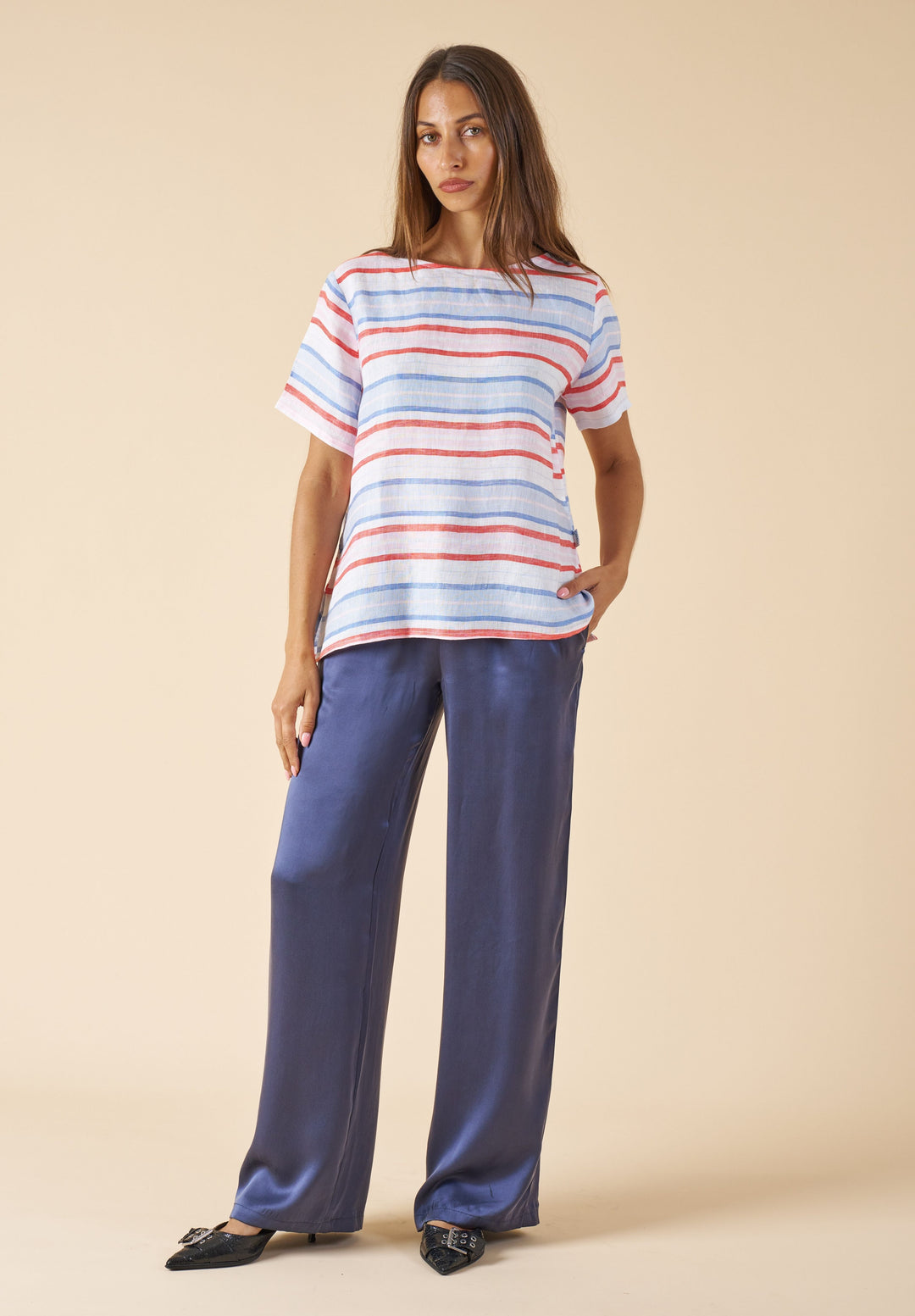 Teena-Linen Multi Stripes T-Shirt - Red Blue White