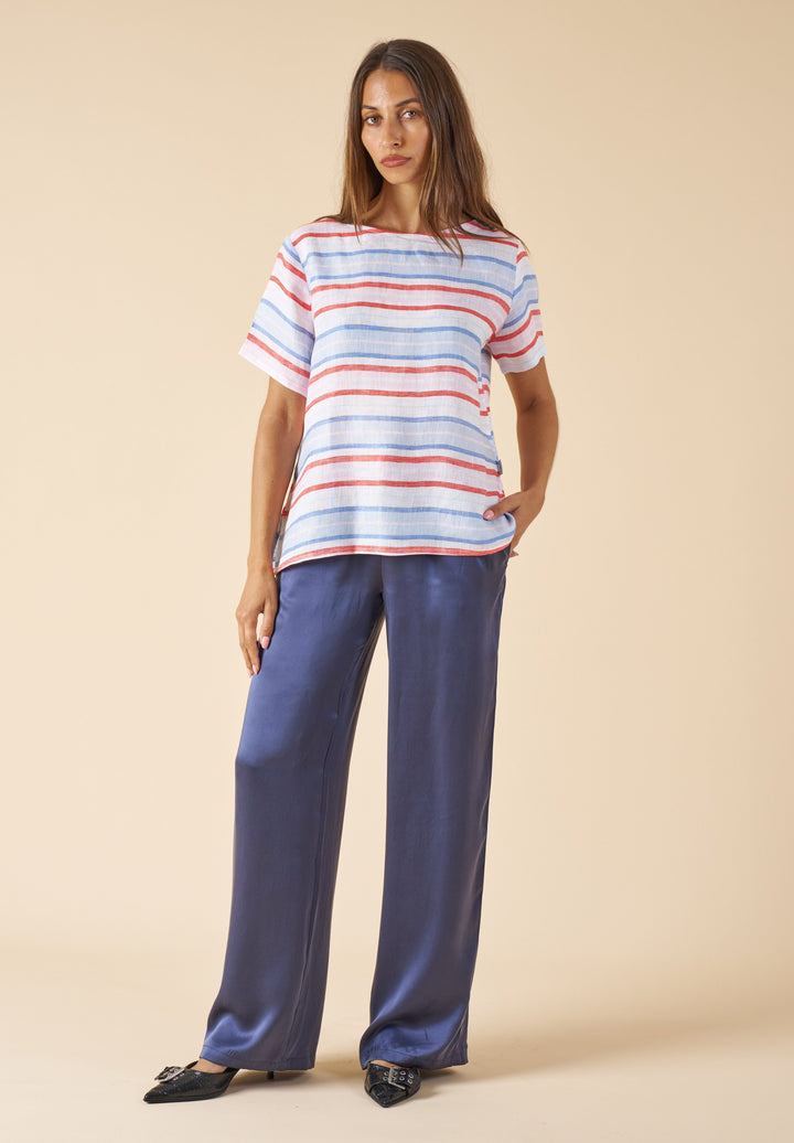 Teena-Linen Multi Stripes T-Shirt - Red Blue White