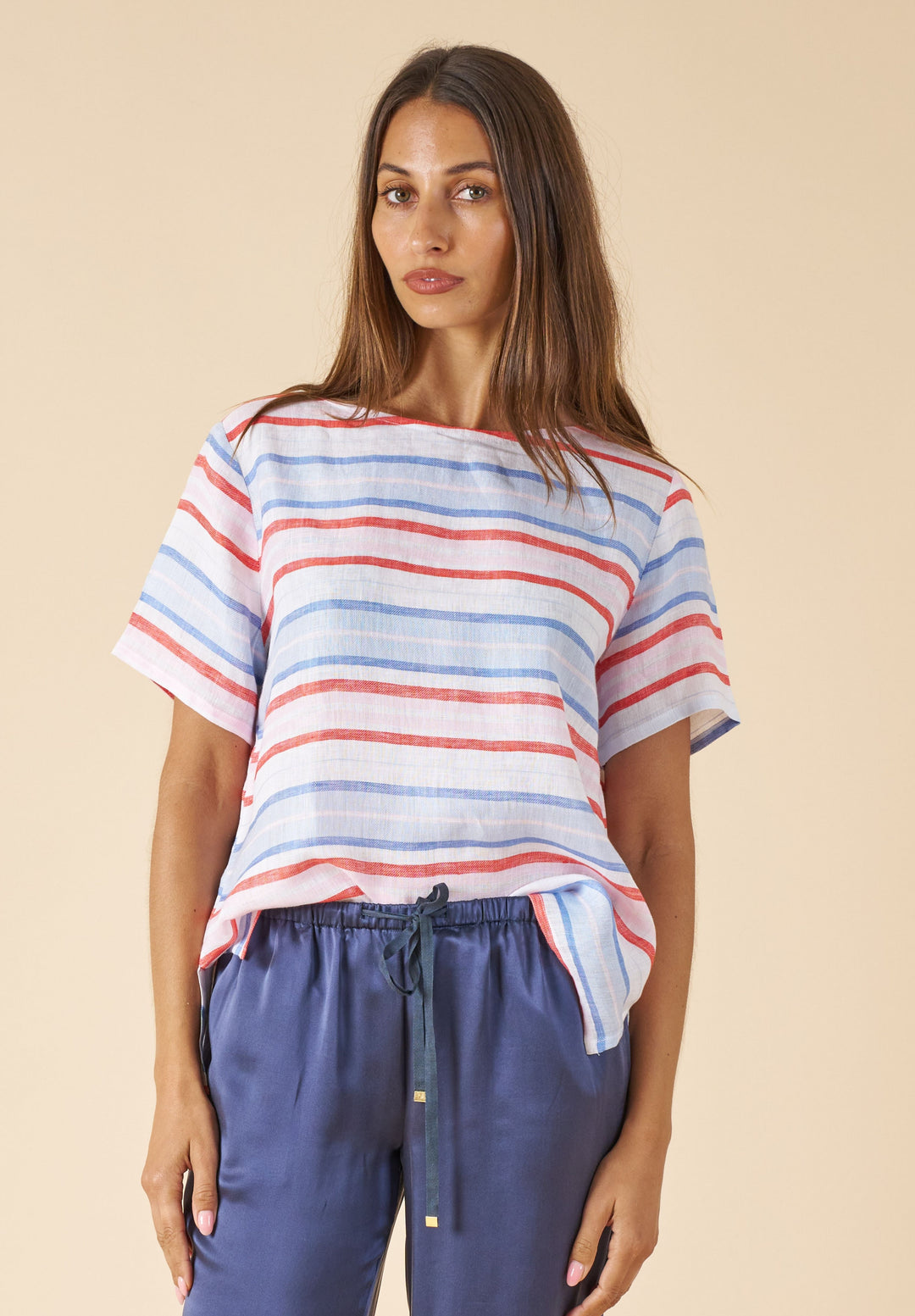 Teena-Linen Multi Stripes T-Shirt - Red Blue White